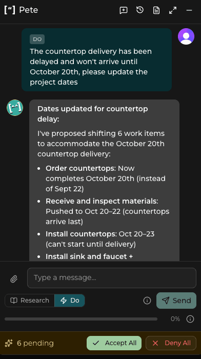 A Projent Do chat: the request says a countertop delivery has been delayed, and Pete replies with the six work items it proposes shifting, waiting on Accept All or Deny All.