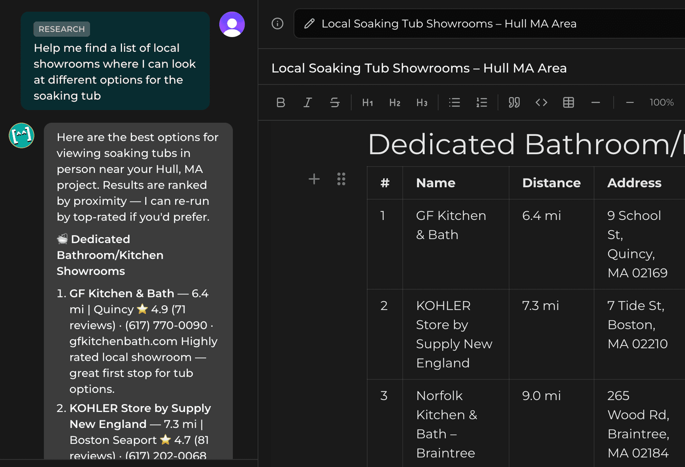 A Projent Research chat asking for local soaking-tub showrooms, beside the document it produced: a titled write-up with a table of showrooms, their distance and their addresses.